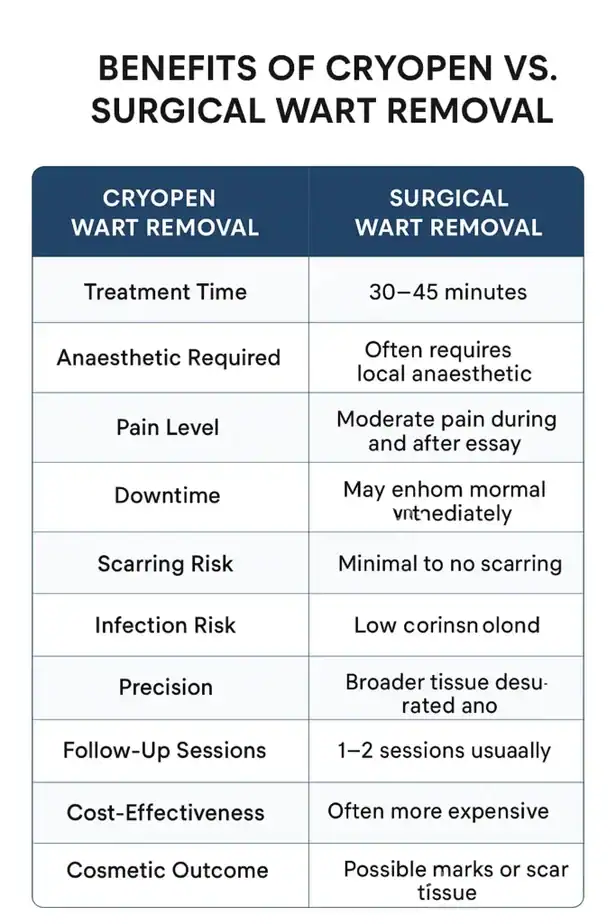 Table showing the benefits of cryopen to remove warts Manchester compared to surgical treatment